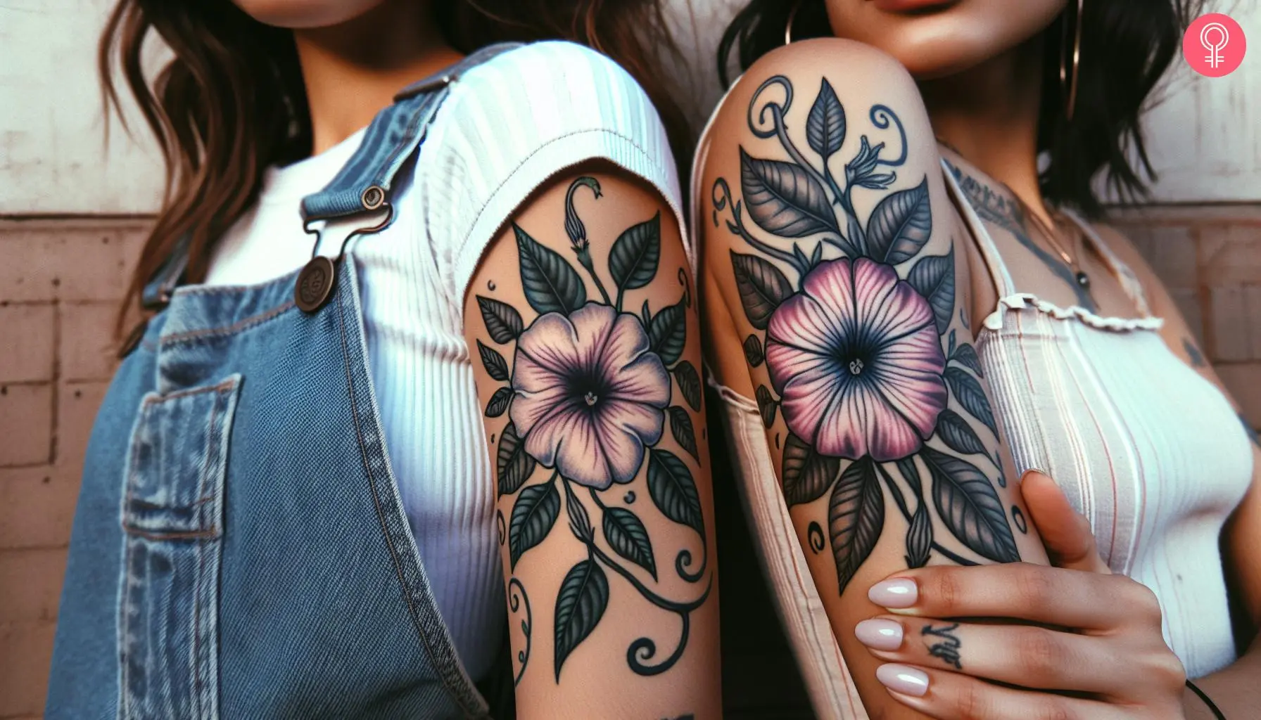 Matching upper arm tattoos featuring petunia flowers