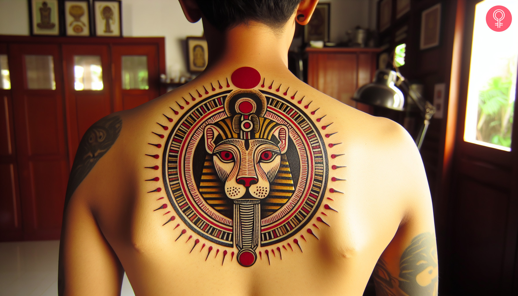 Pharaoh egyptian gods tattoo on the upper back of a man