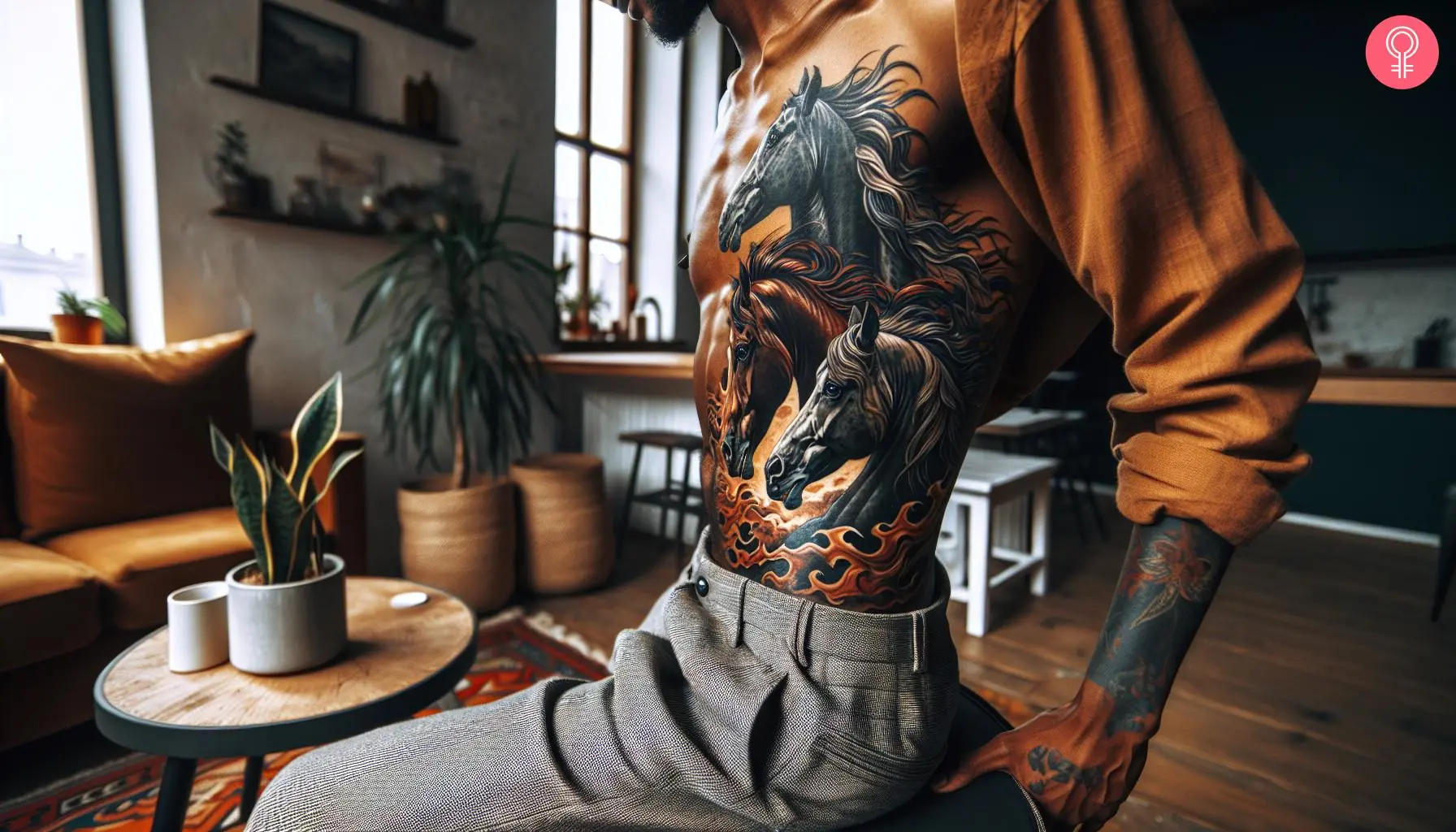 Pharaoh horses tattoo on the chest of a man