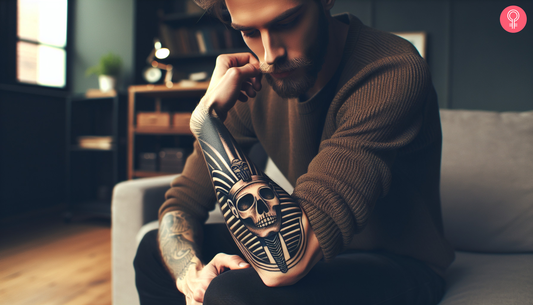 Pharaoh skull tattoo on the forearm of a man