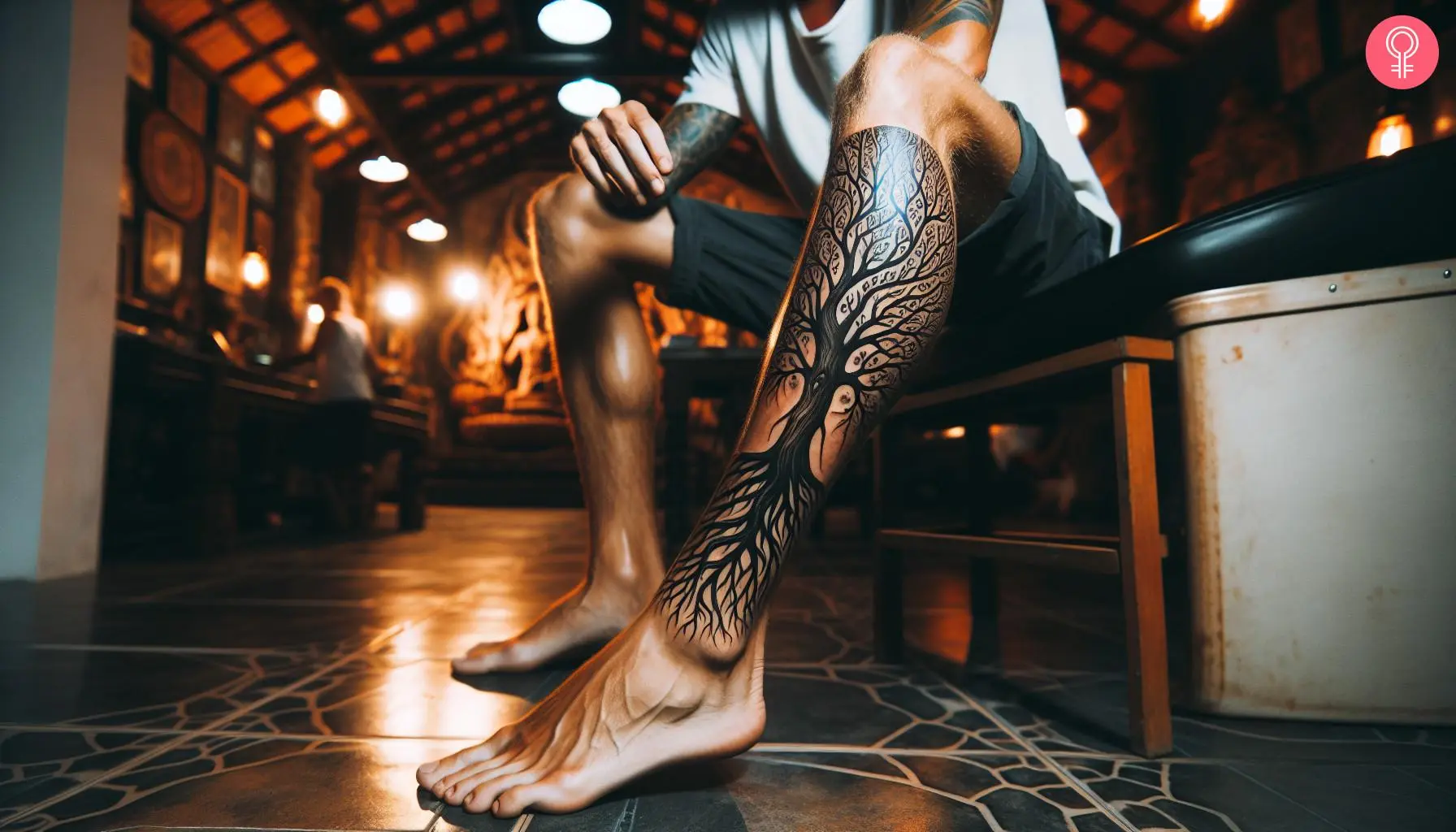 Philosophy tattoo on the leg of a man