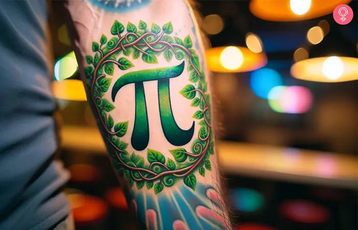 Pi tattoo with plants on the forearm of a man