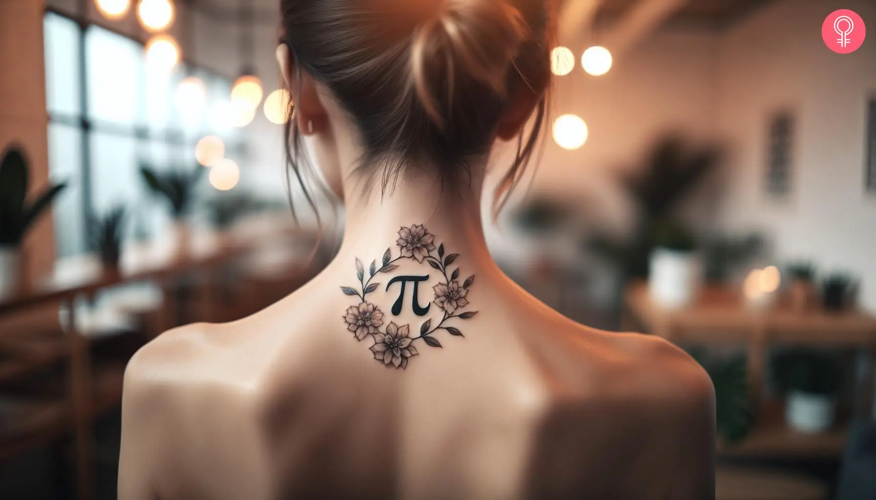 Pi with flowers tattoo on the neck of a woman