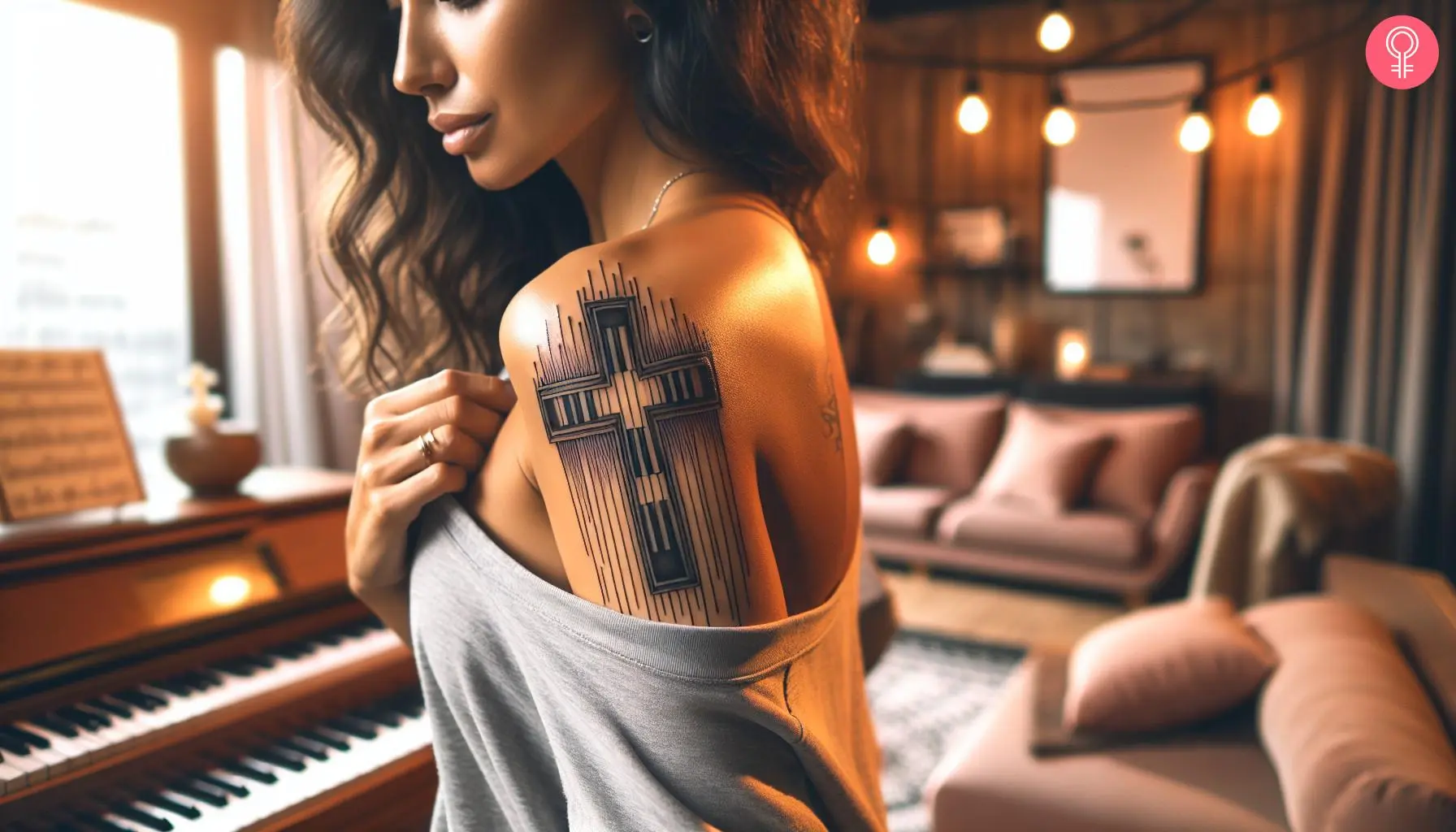 A piano cross tattoo on the upper arm of a woman