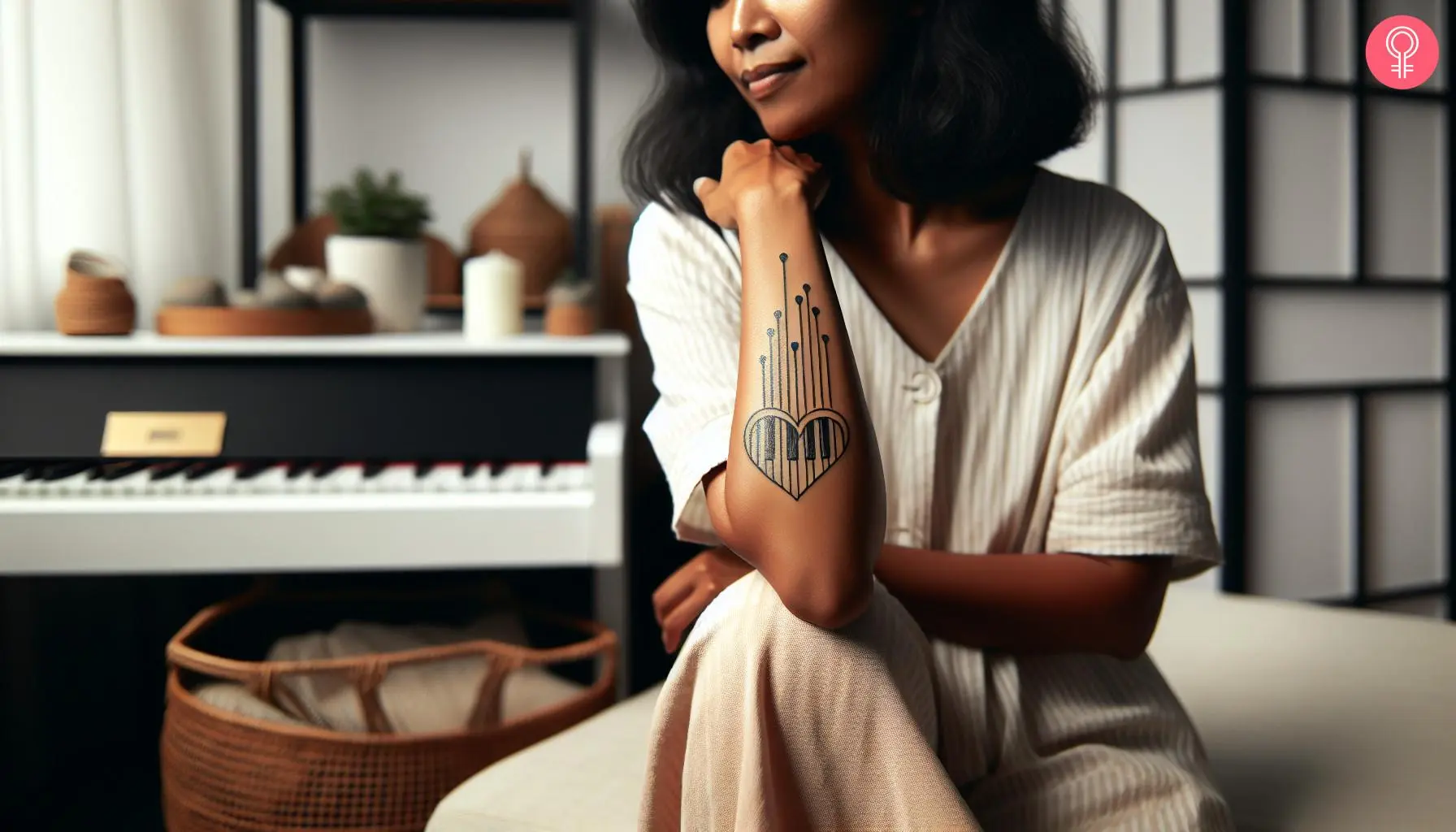 A piano keys tattoo on the lower arm of a woman