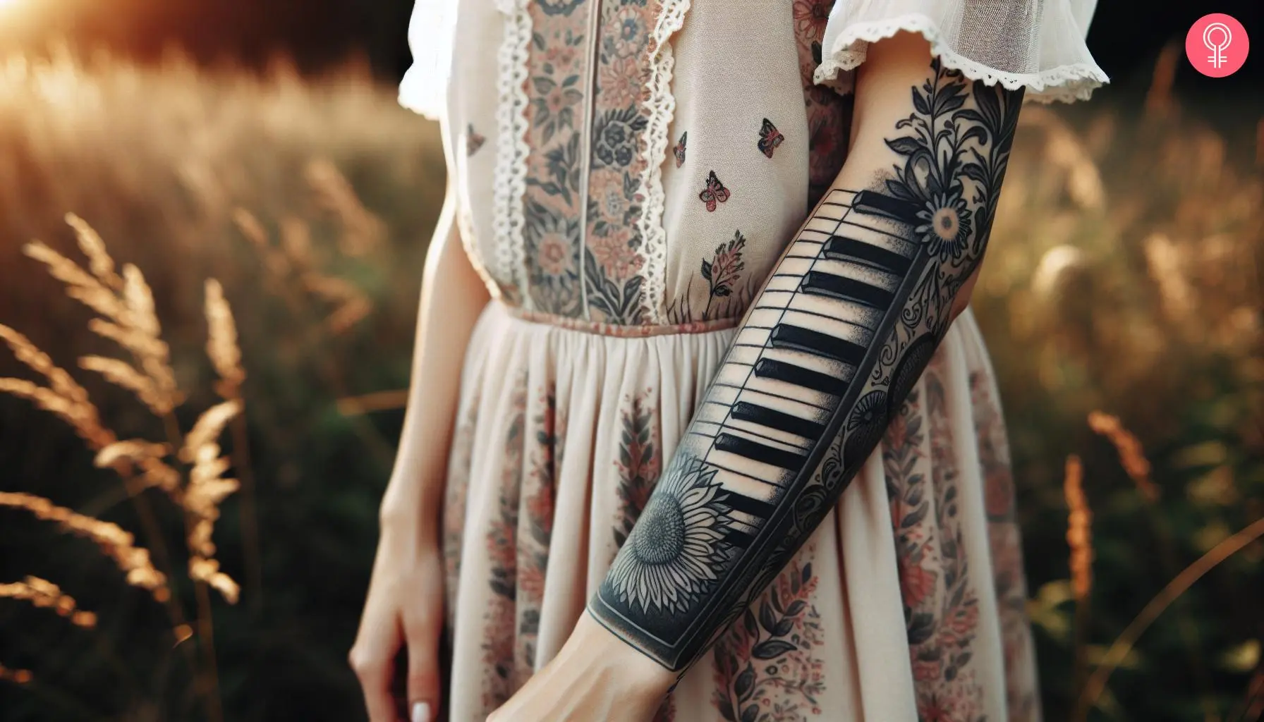 A piano sleeve tattoo on the arm of a woman