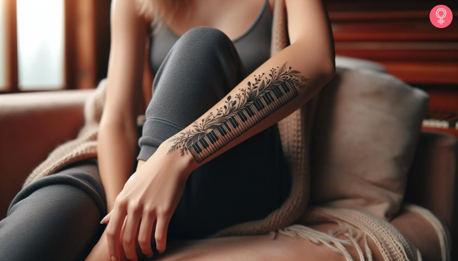 A piano tattoo on the forearm of a woman