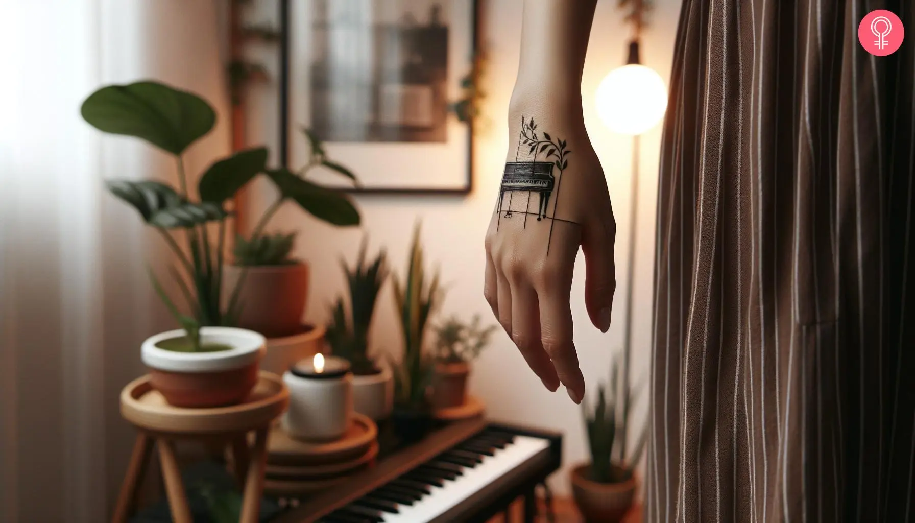 A piano tattoo on the hand of a woman