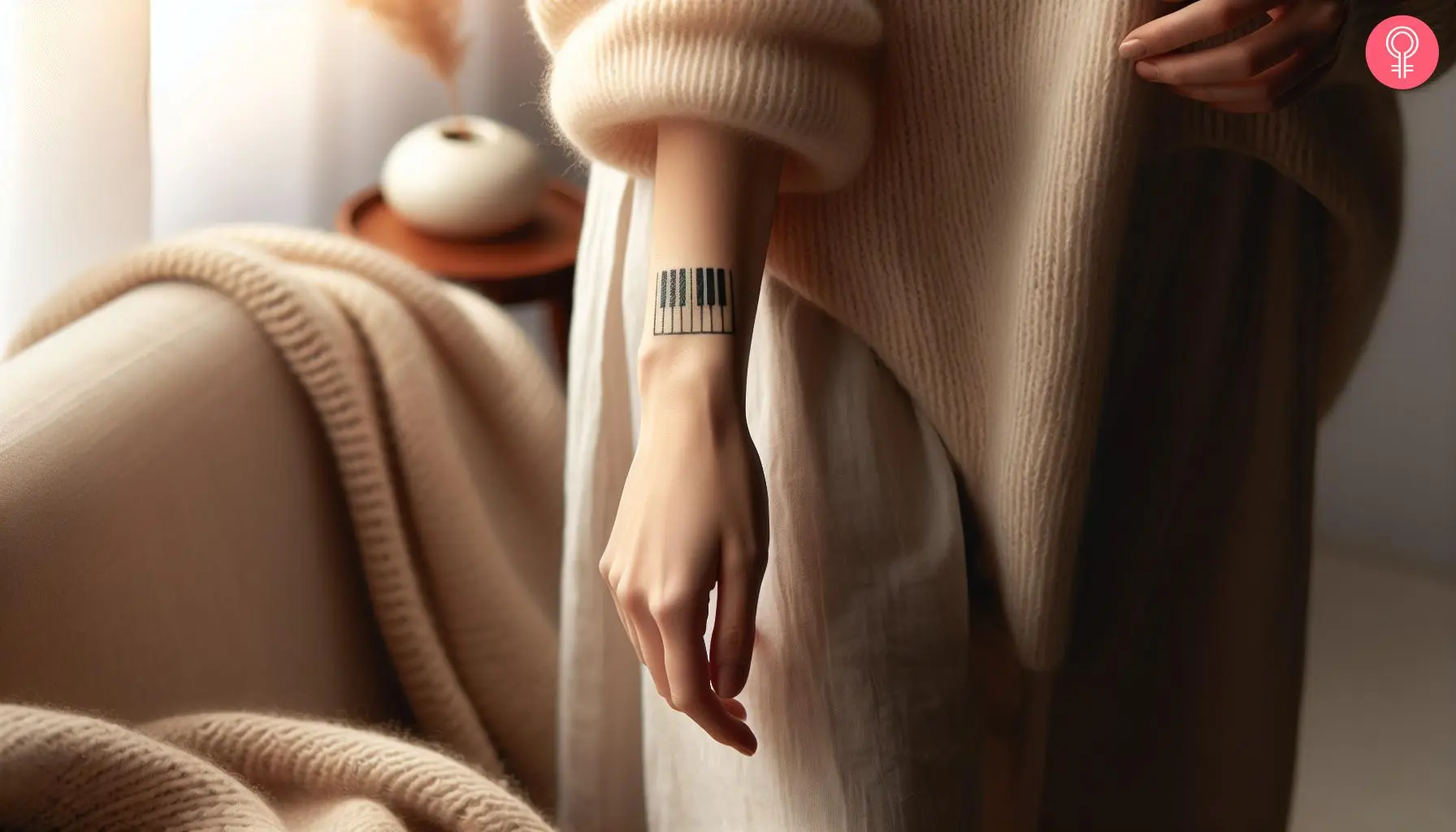 A piano tattoo on the wrist of a woman