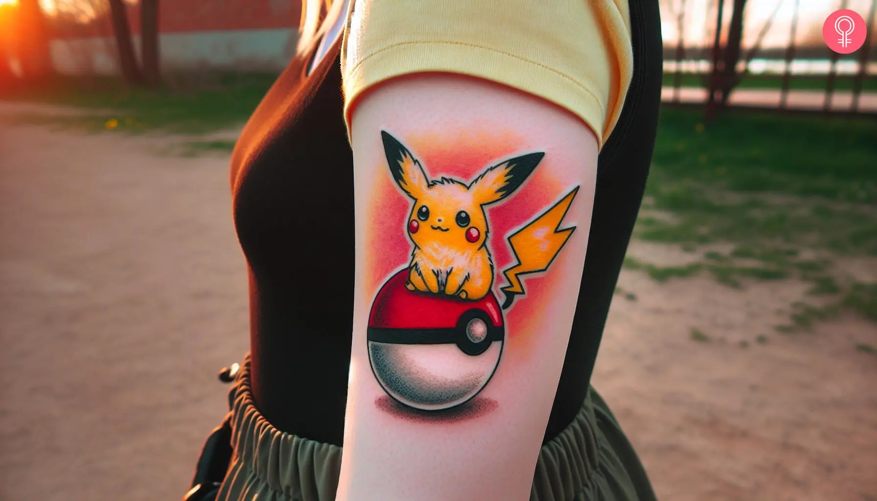 Pikachu and pokeball tattoo on a woman’s upper arm