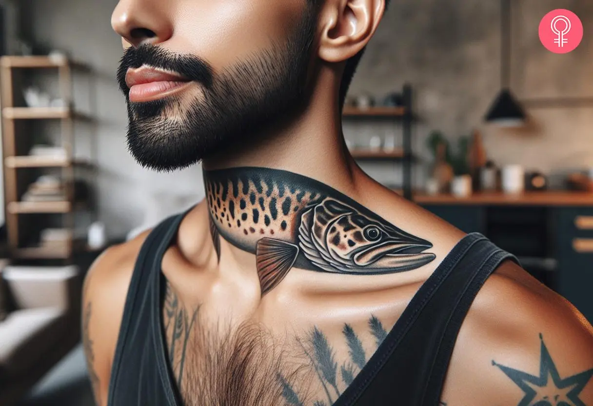 Pike tattoo on the neck of a man