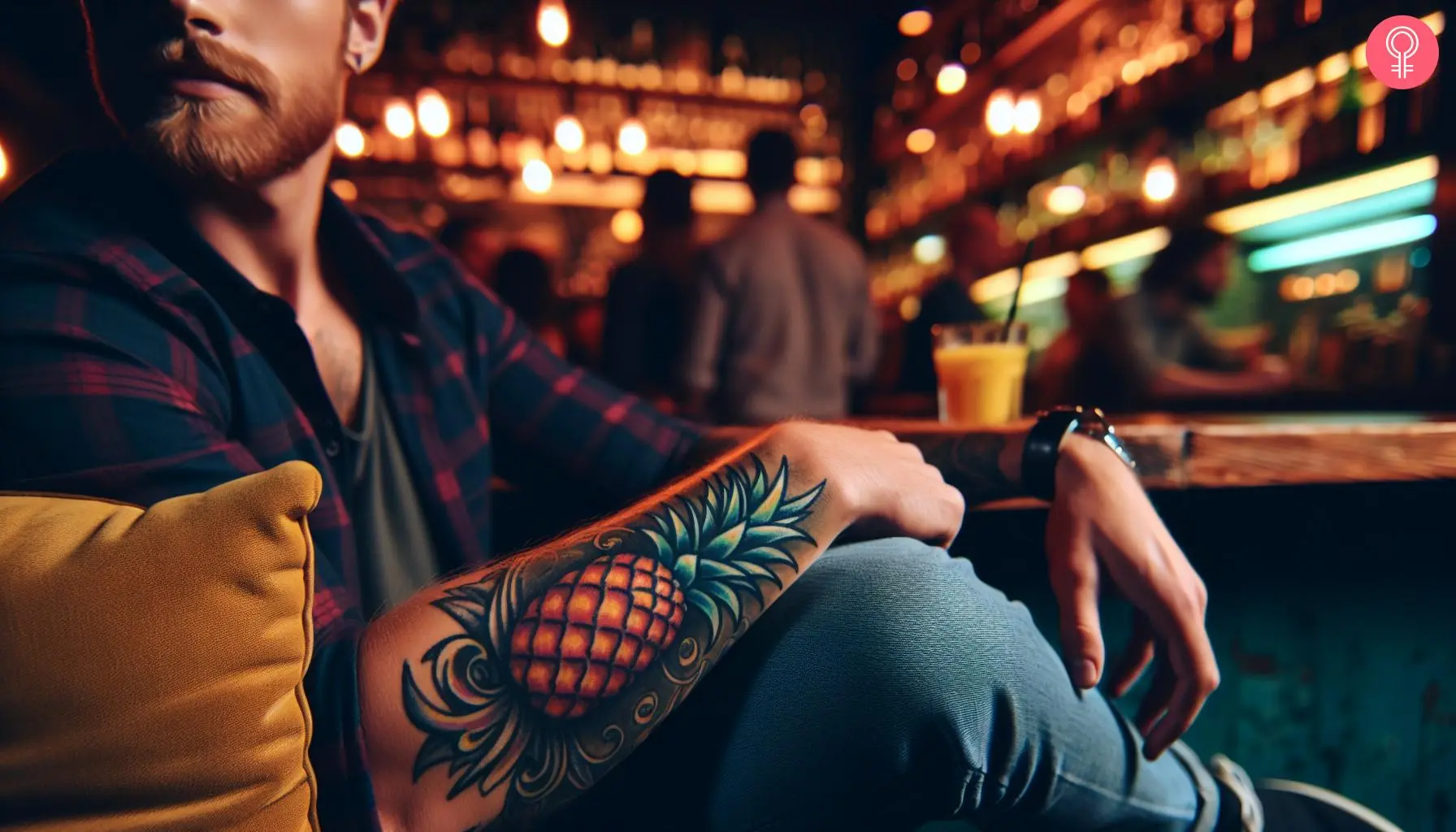 Man with a pineapple bartender tattoo on the arm