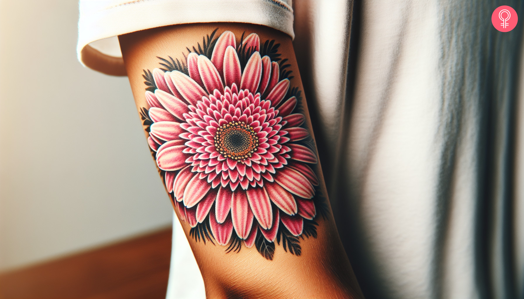 Pink gerbera daisy tattoo on the arm of a woman