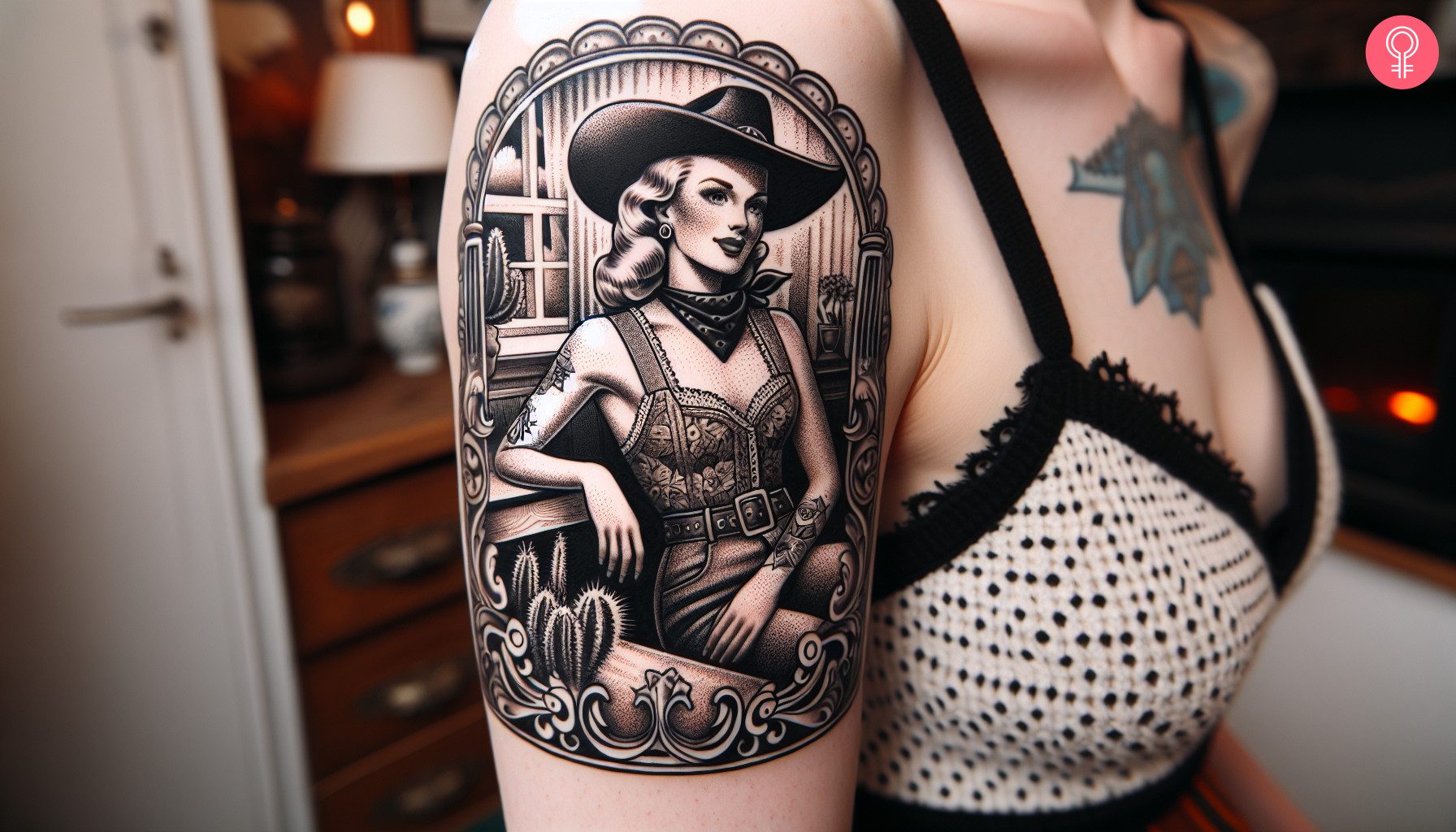 Pinup cowgirl tattoo on the upper arm of a woman