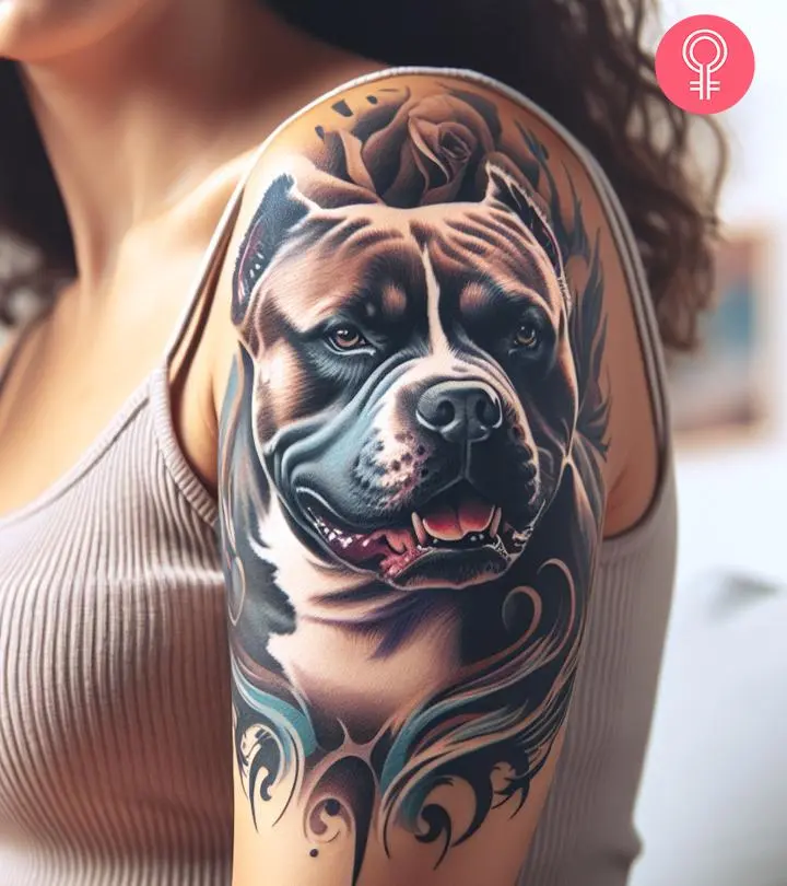 Pitbull tattoo on the upper arm