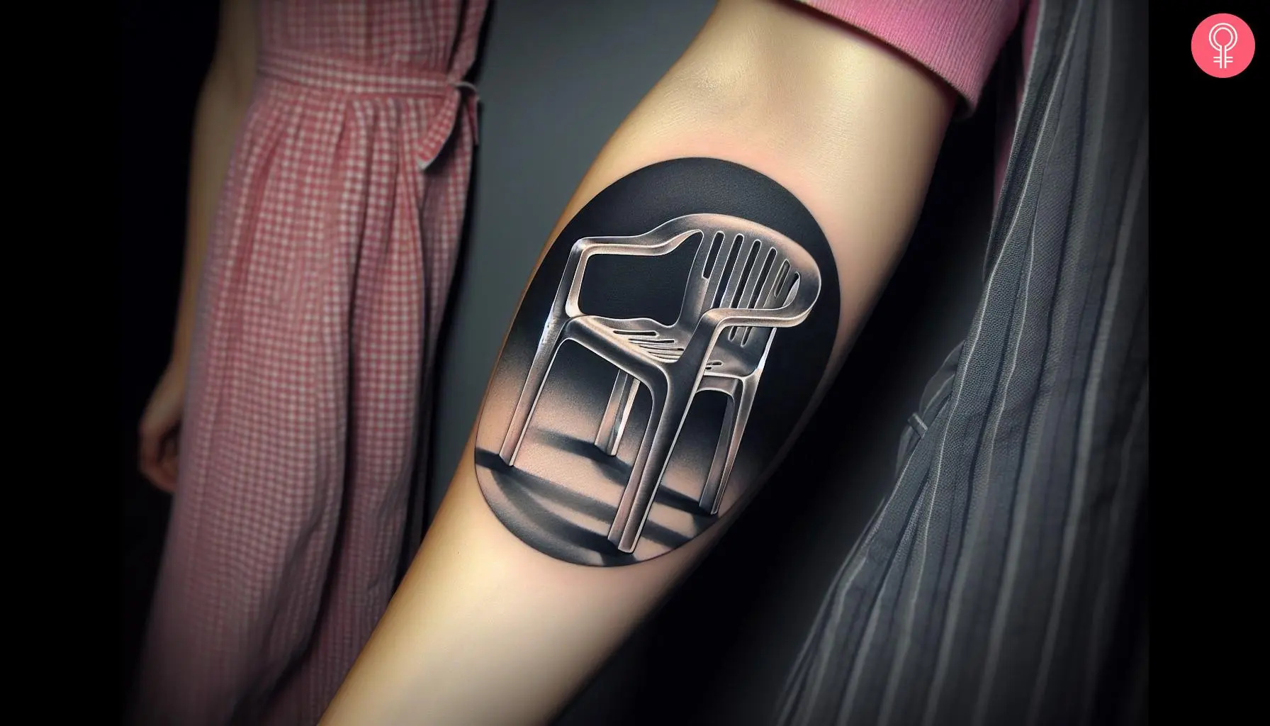 Woman with plastic chair tattoo on her forearm