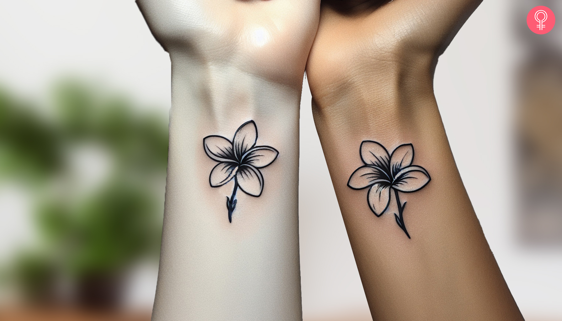 Matching line art plumeria tattoos on the wrist