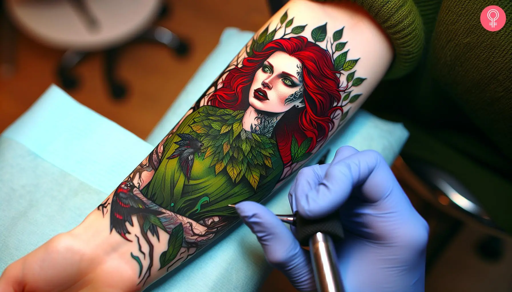 Poison Ivy Batman tattoo on the forearm of a woman