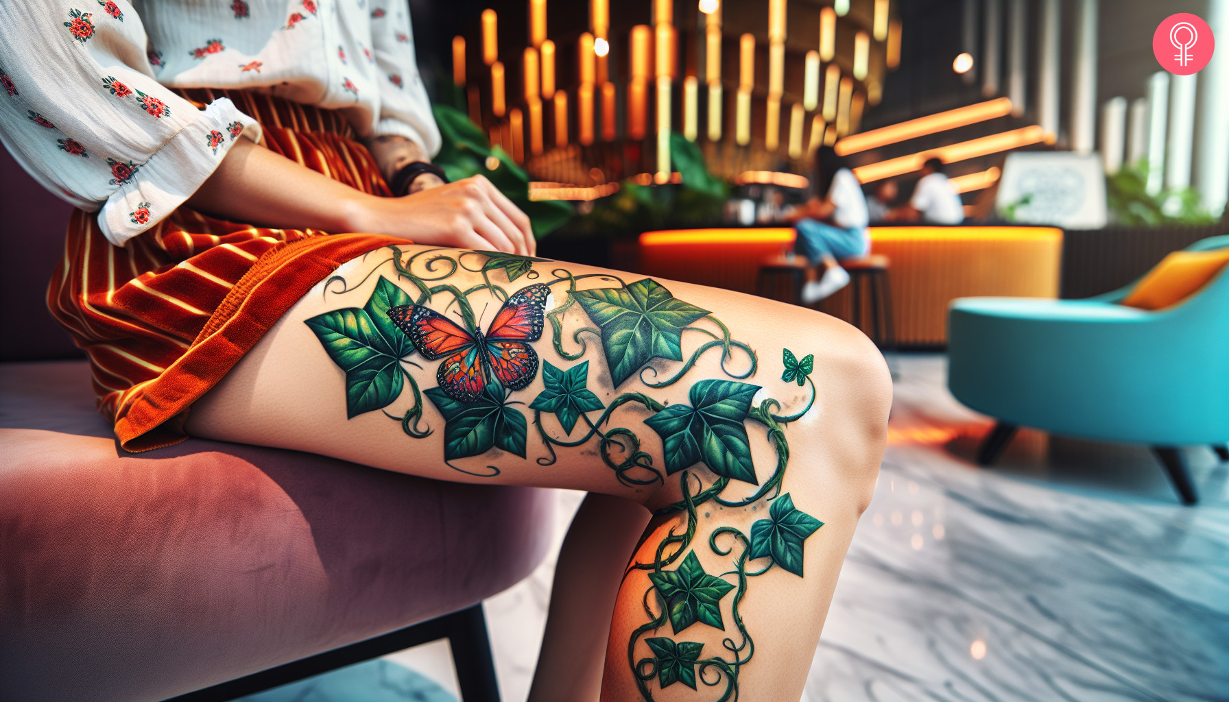 Poison ivy tattoo design on the leg of a woman