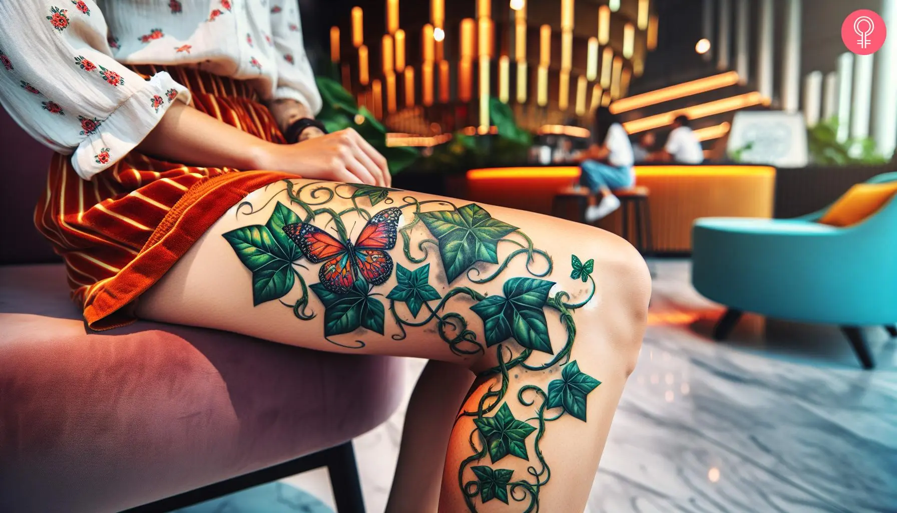 Poison ivy tattoo design on the leg of a woman