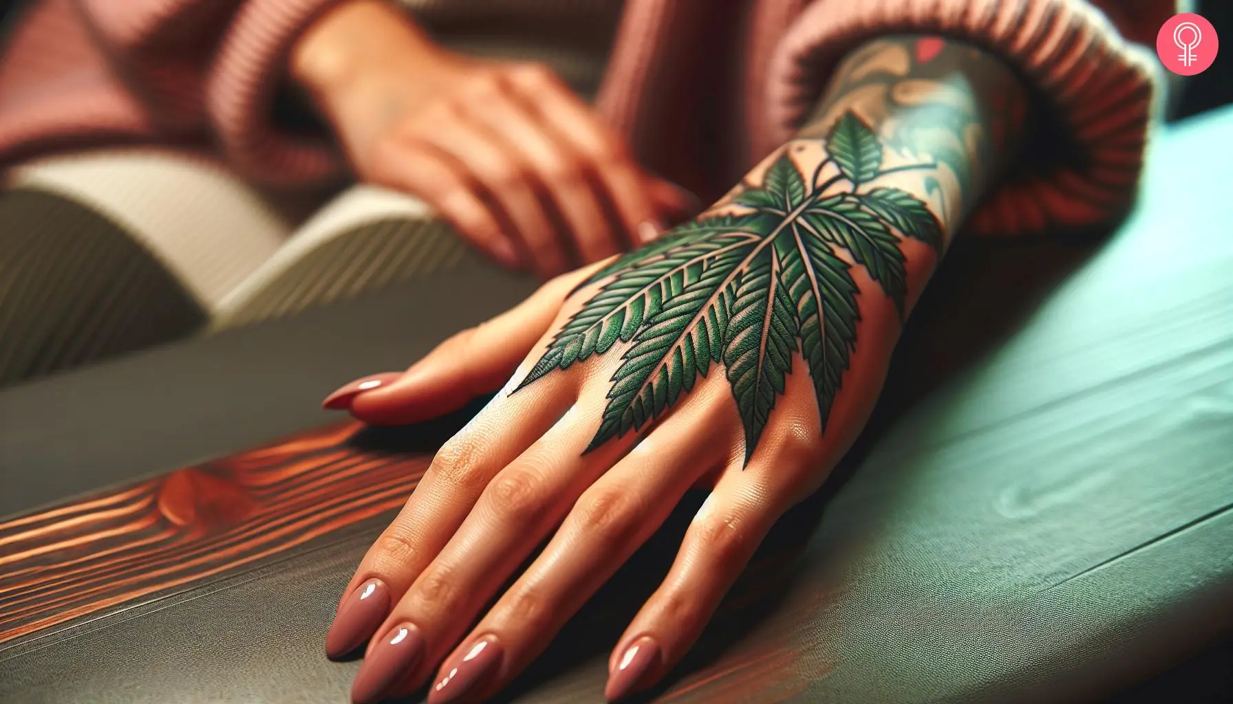 Poison ivy tattoo on the hand of a woman