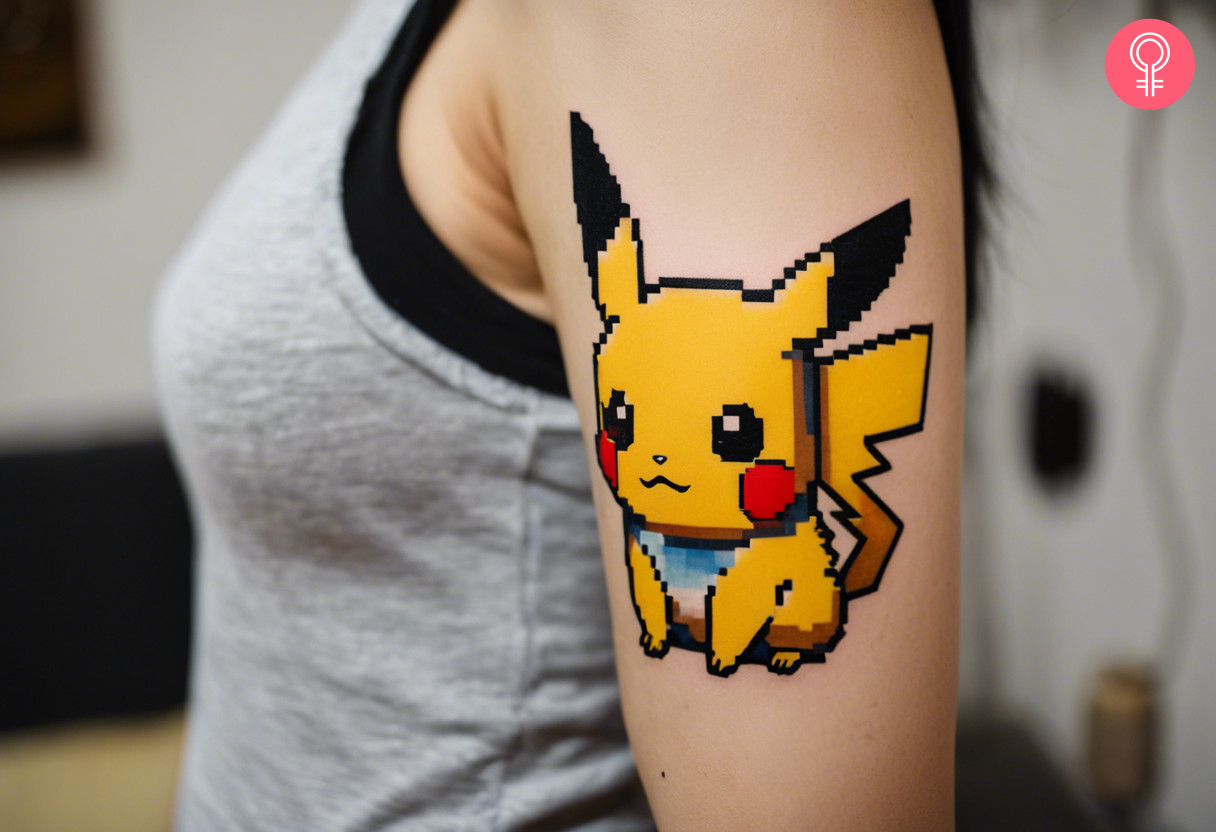 Pokemon pixel tattoo on a woman’s arm