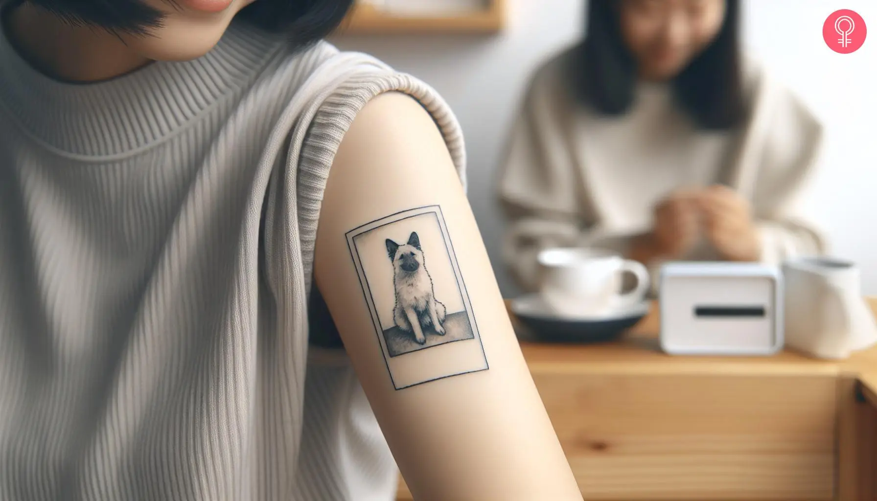 Polaroid dog tattoo on the upper arm of a woman