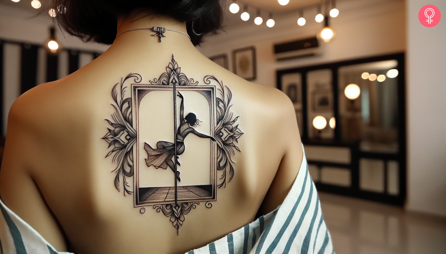 A woman wearing a ‘pole dance’ tattoo on the upper back