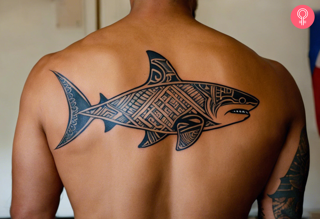 Polynesian tiger shark tattoo on a man’s back