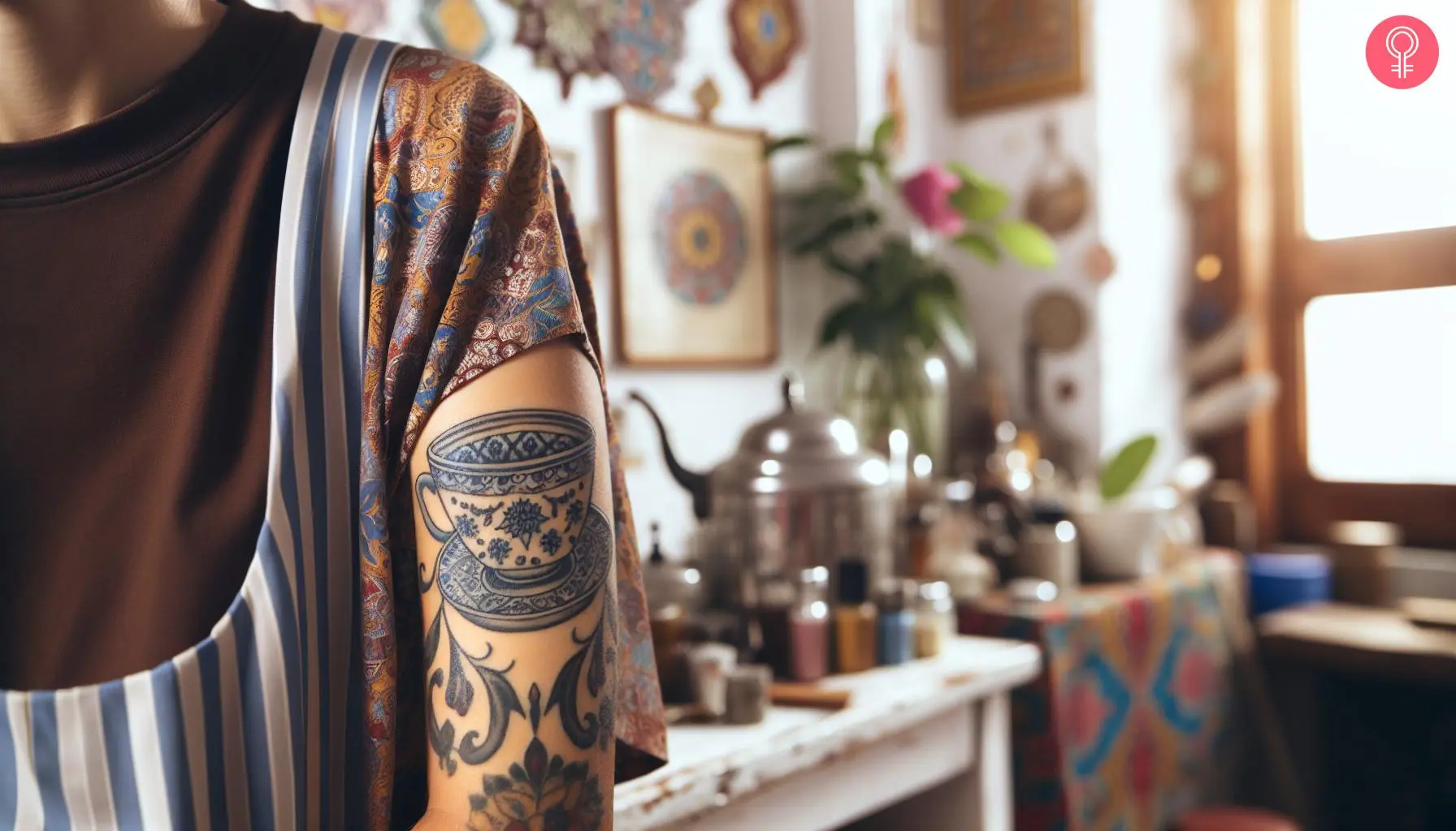 A porcelain coffee cup tattoo on a woman’s upper arm