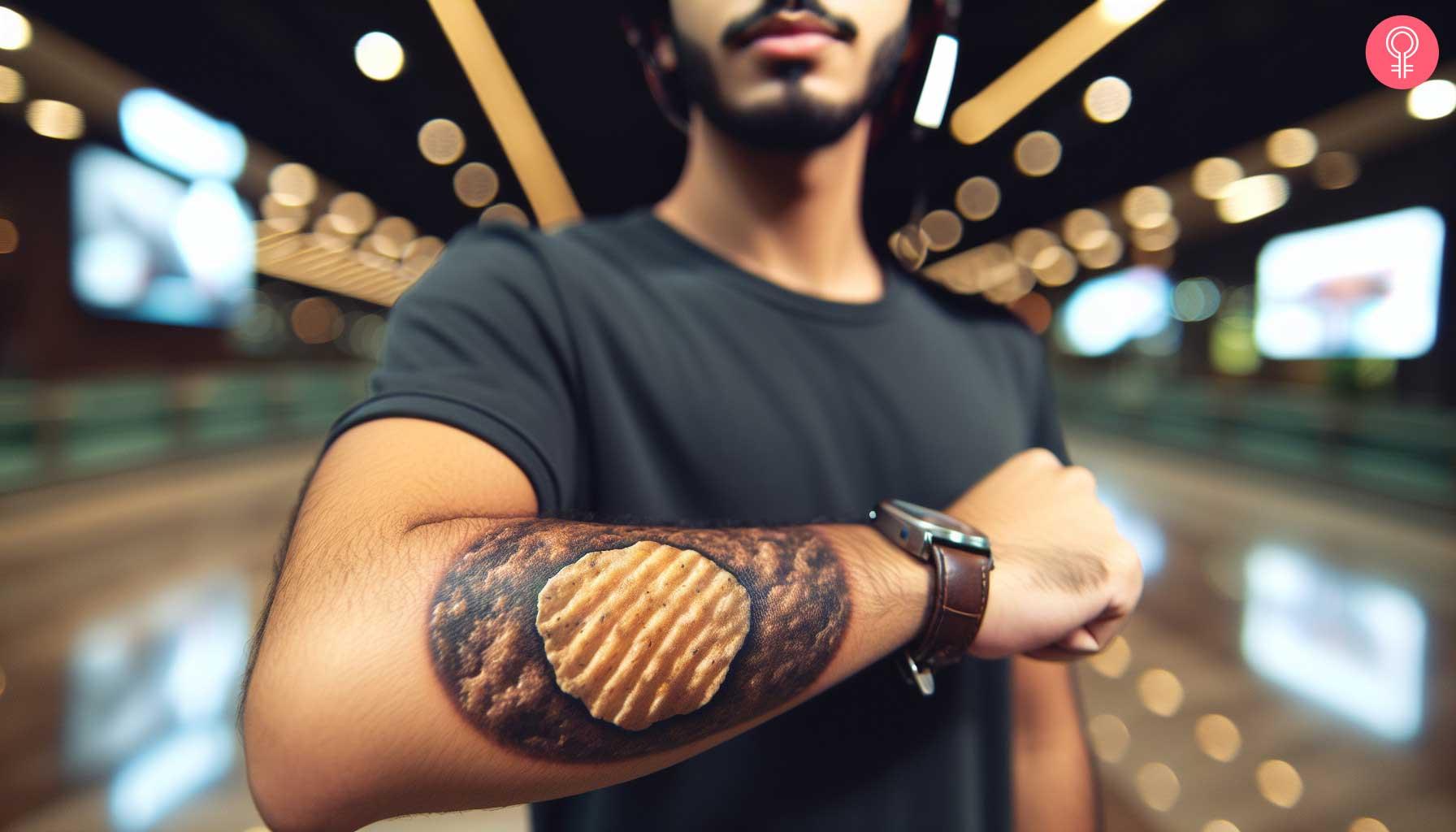 Potato chip tattoo on the forearm of a man