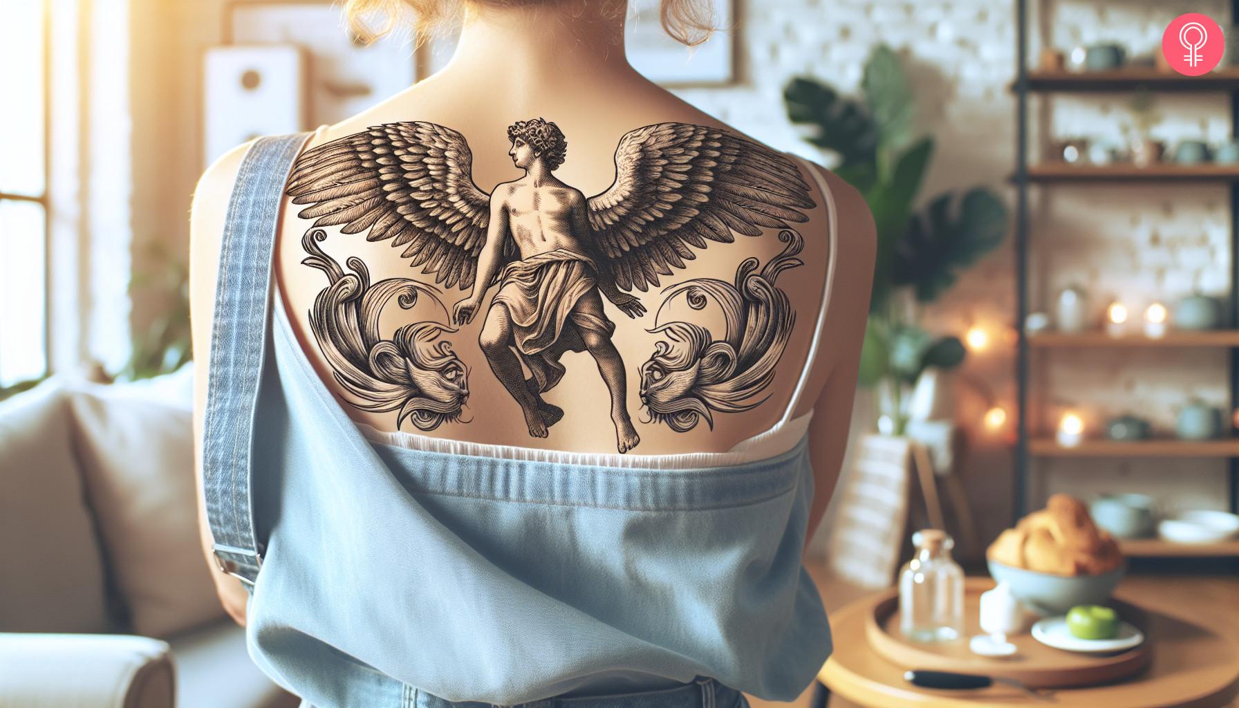 Prometheus god tattoo on a woman's upper back