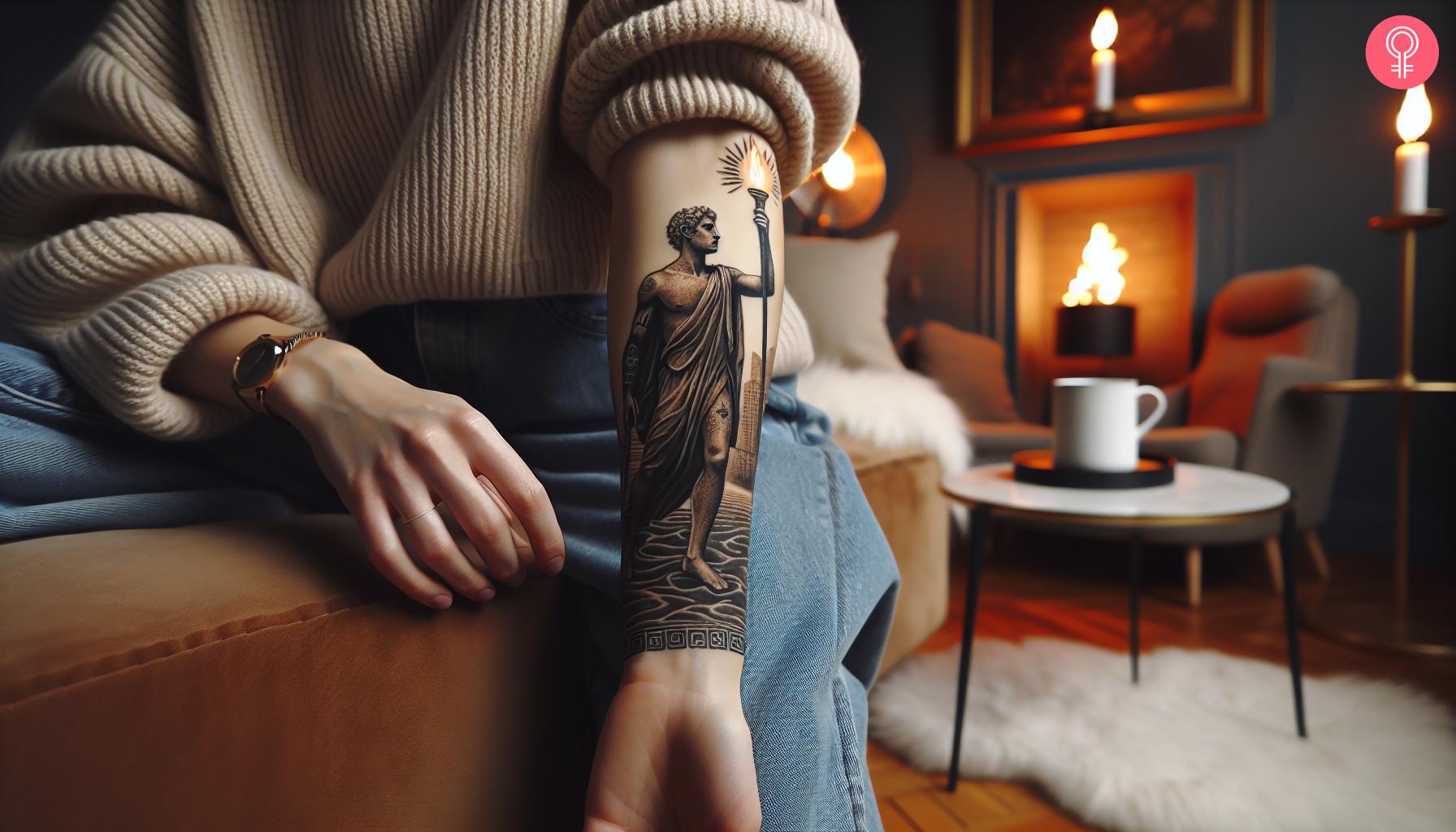 Prometheus holding a torch tattoo on a woman's forearm