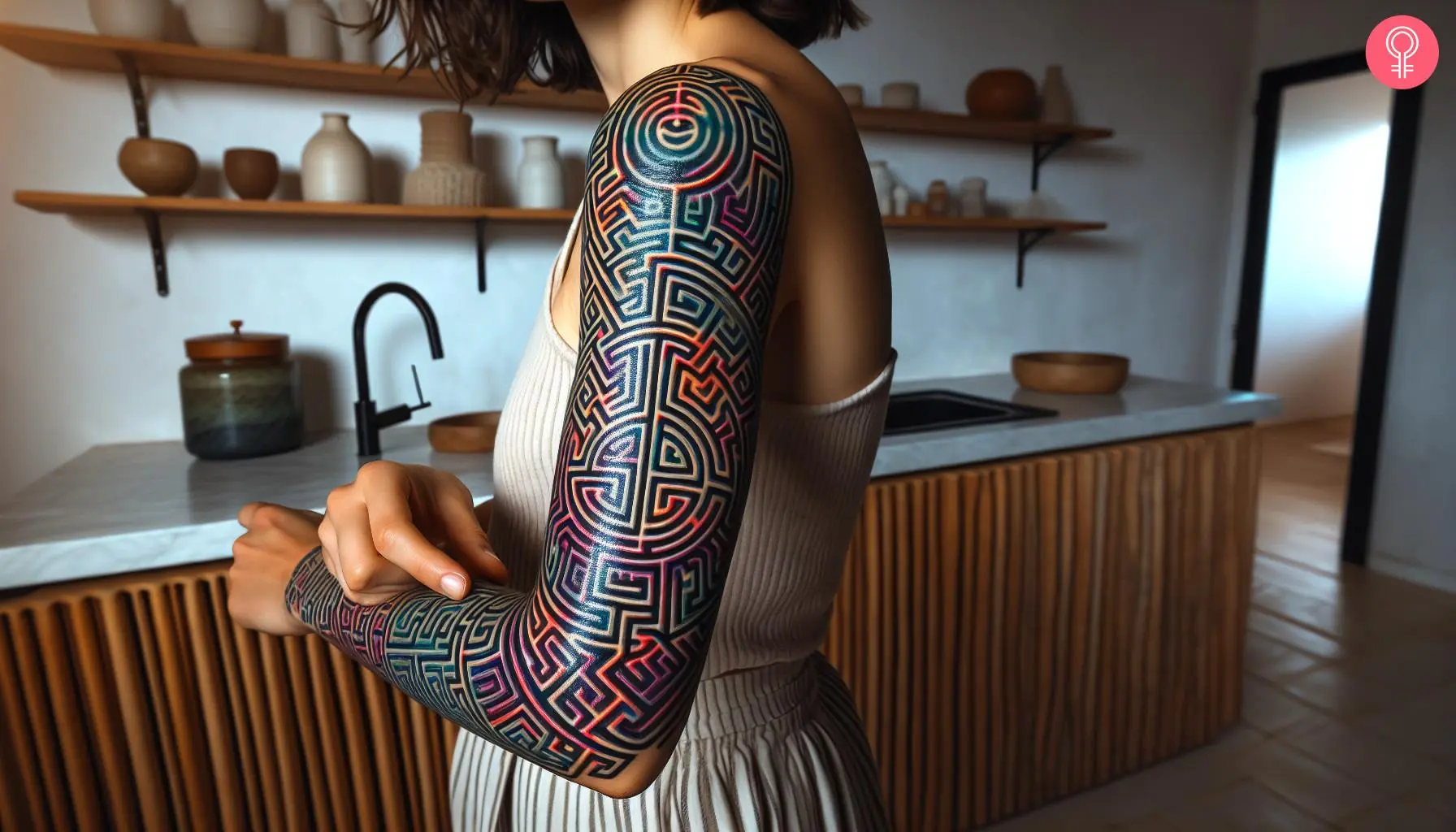 Psychedelic maze tattoo on the upper arm of a woman