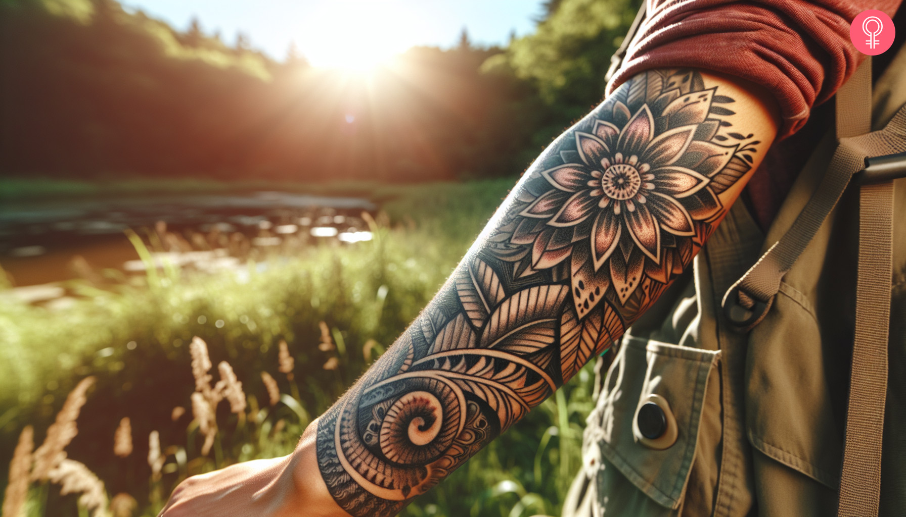 A woman with a puerto rican taino flower tattoo on her lower arm