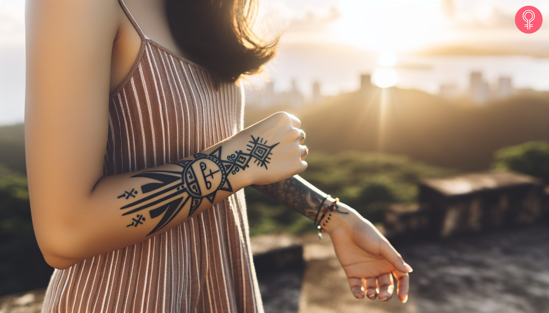 A woman with a puerto rican taino sun tattoo on her lower arm