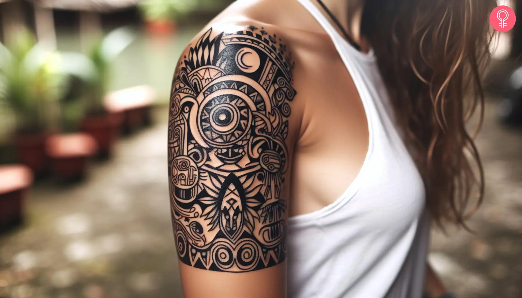 A woman with a puerto rican taino symbols tattoo on her upper arm