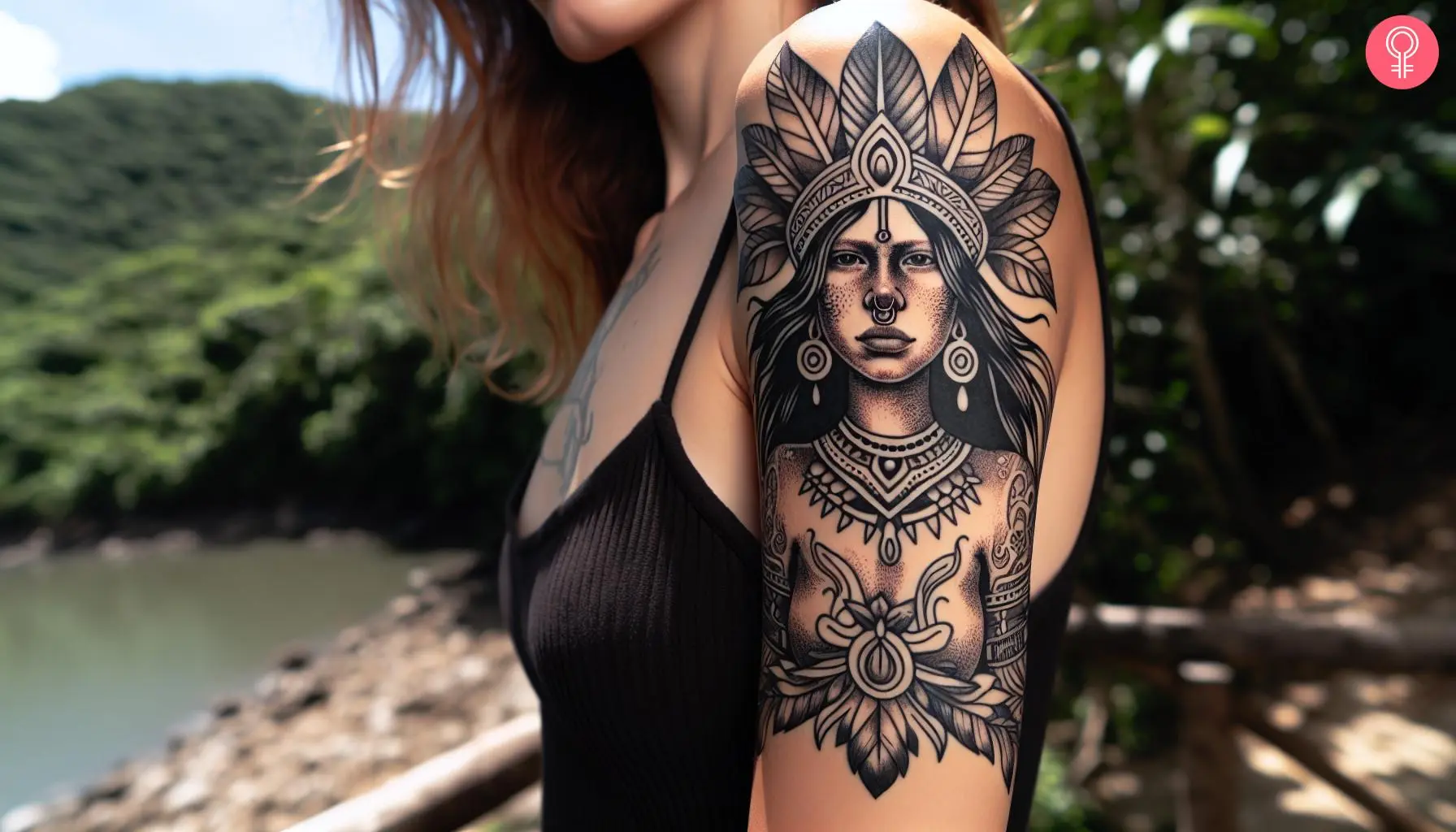 A woman with a puerto rican taino warrior princess tattoo on her upper arm