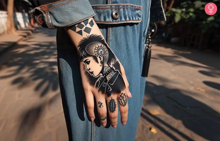 Punk tattoo featuring a woman’s bust etched on the hand