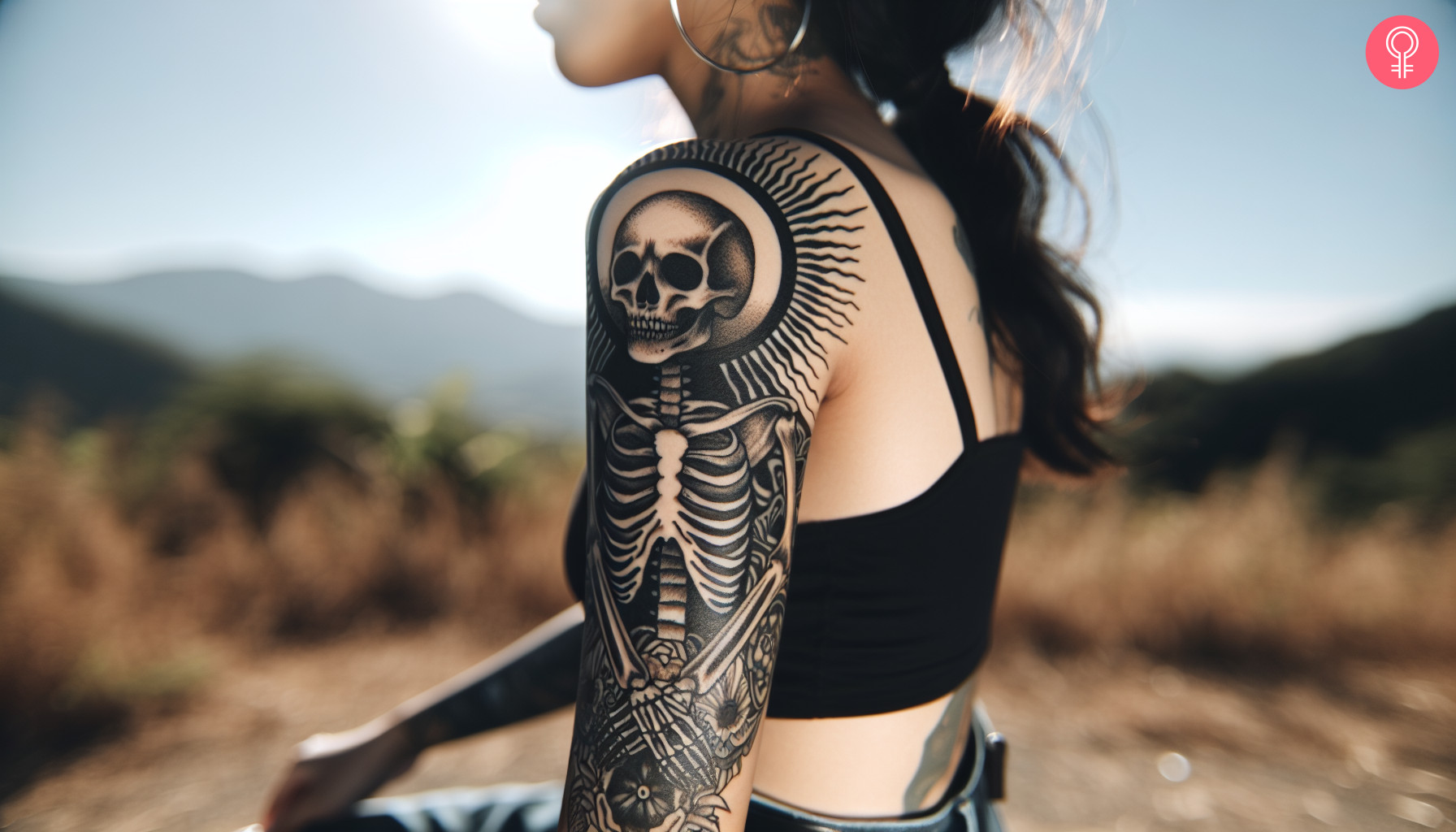 Punk skeleton tattoo on a woman’s upper arm