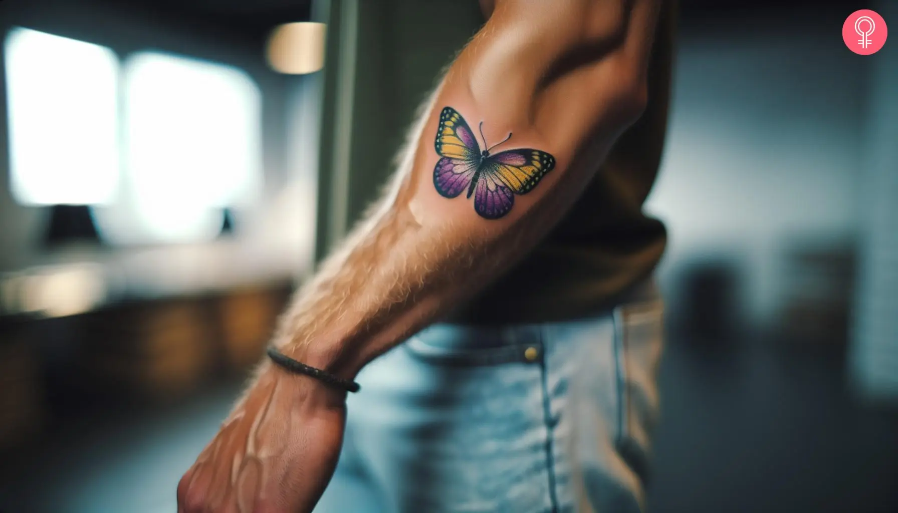 Purple and yellow butterfly tattoo on the forearm of a man