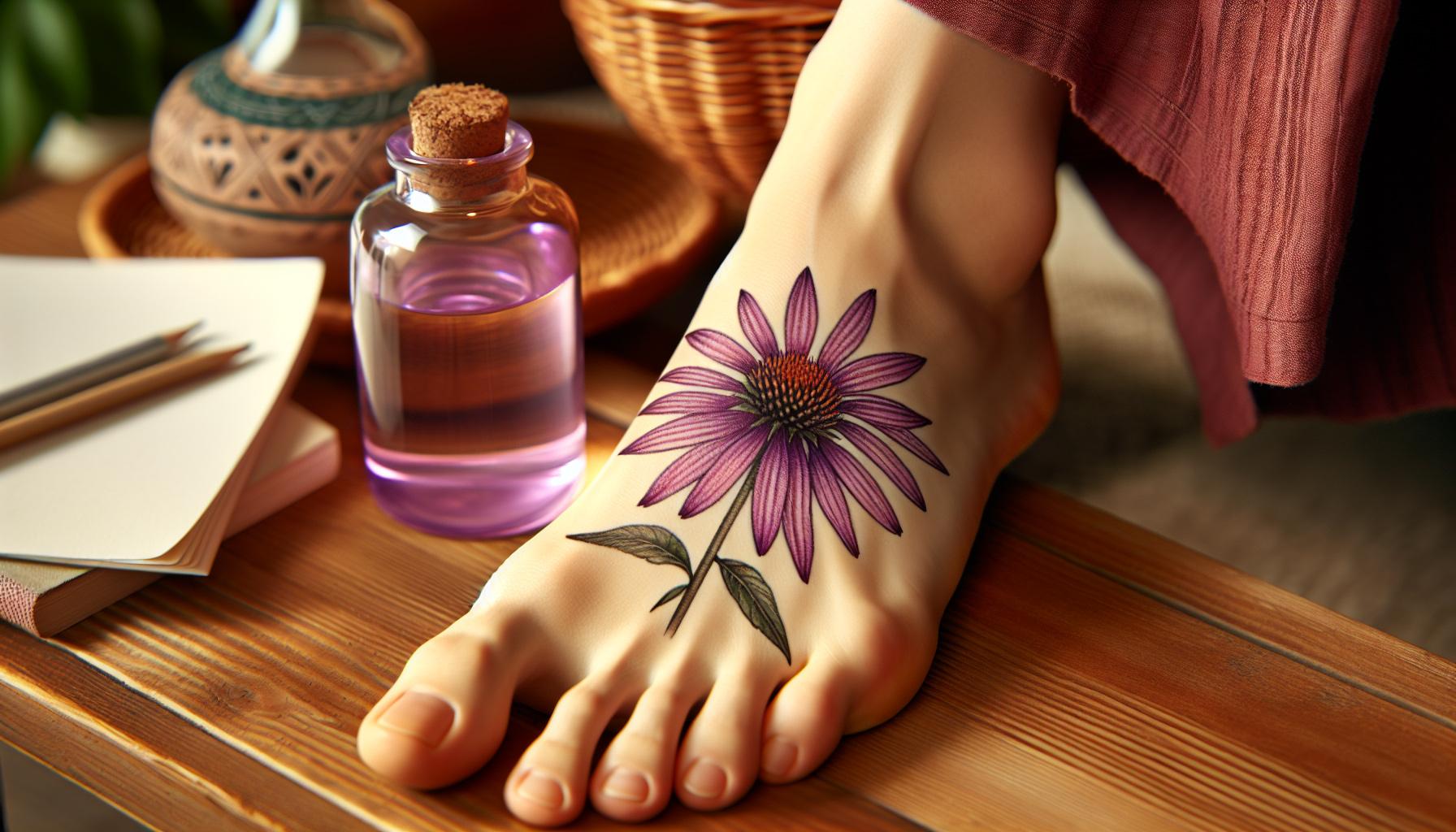 Woman with a purple flower tattoo on her foot