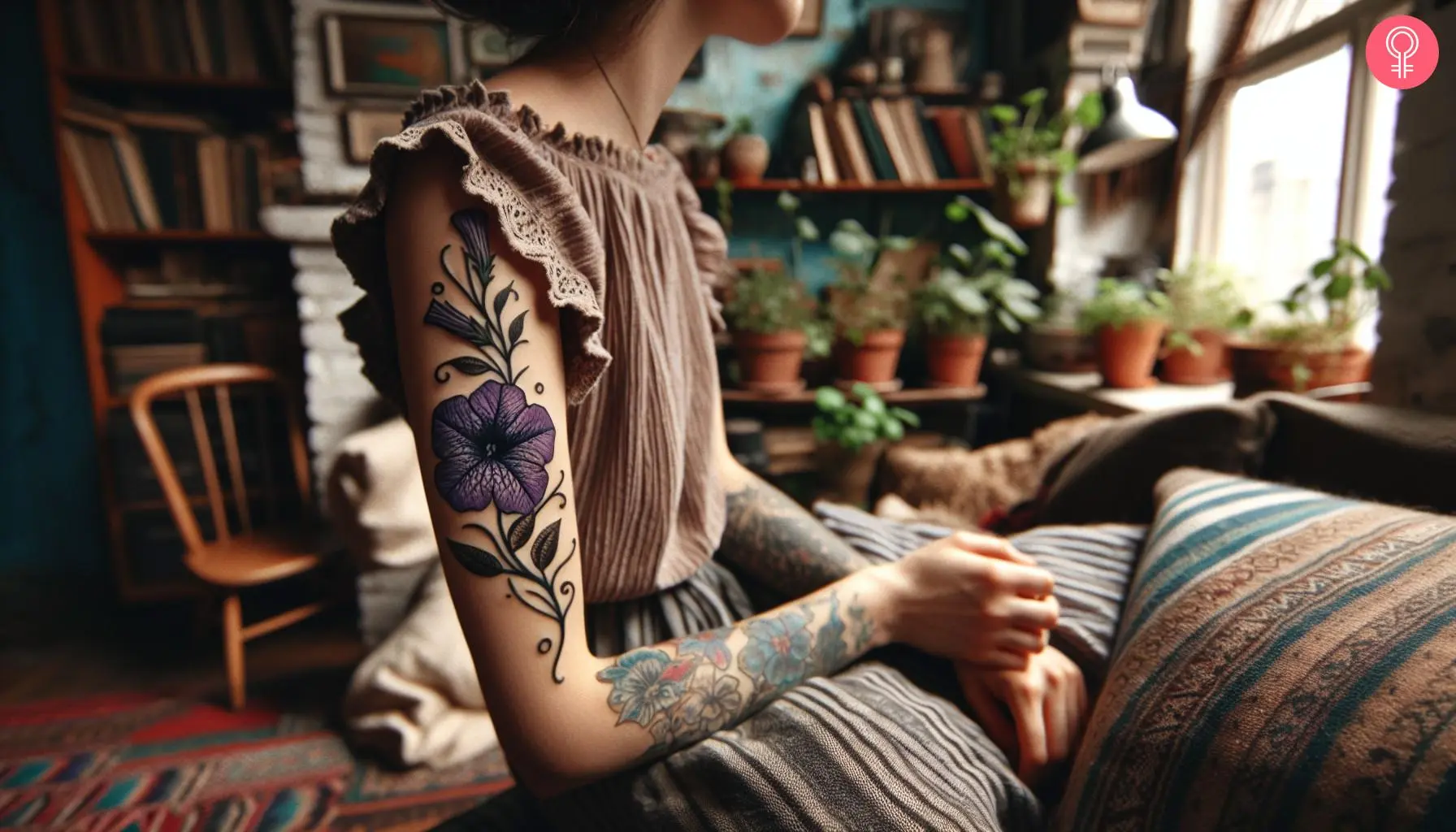 An upper arm tattoo featuring a purple petunia flower