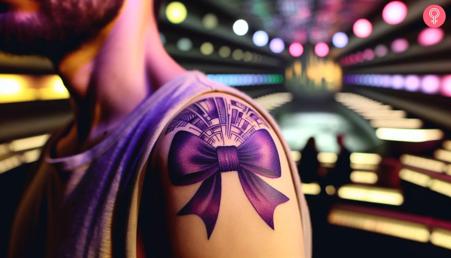 Purple bow tattoo on the shoulder of a man