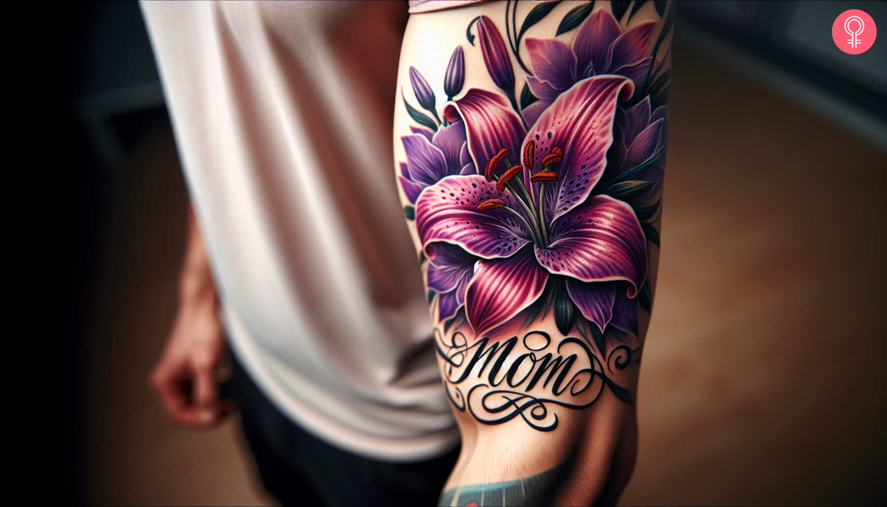 Purple flower tattoo for mom on the arm of a man