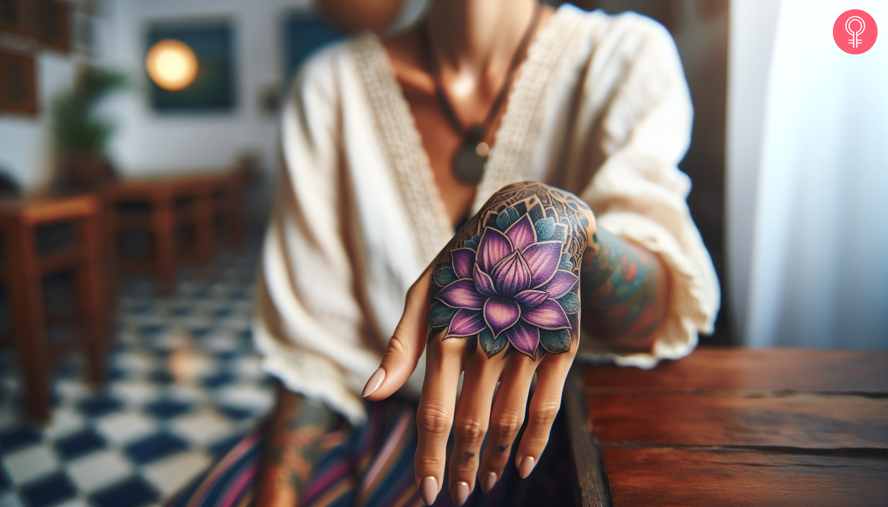 Purple flower tattoo on the hand of a woman