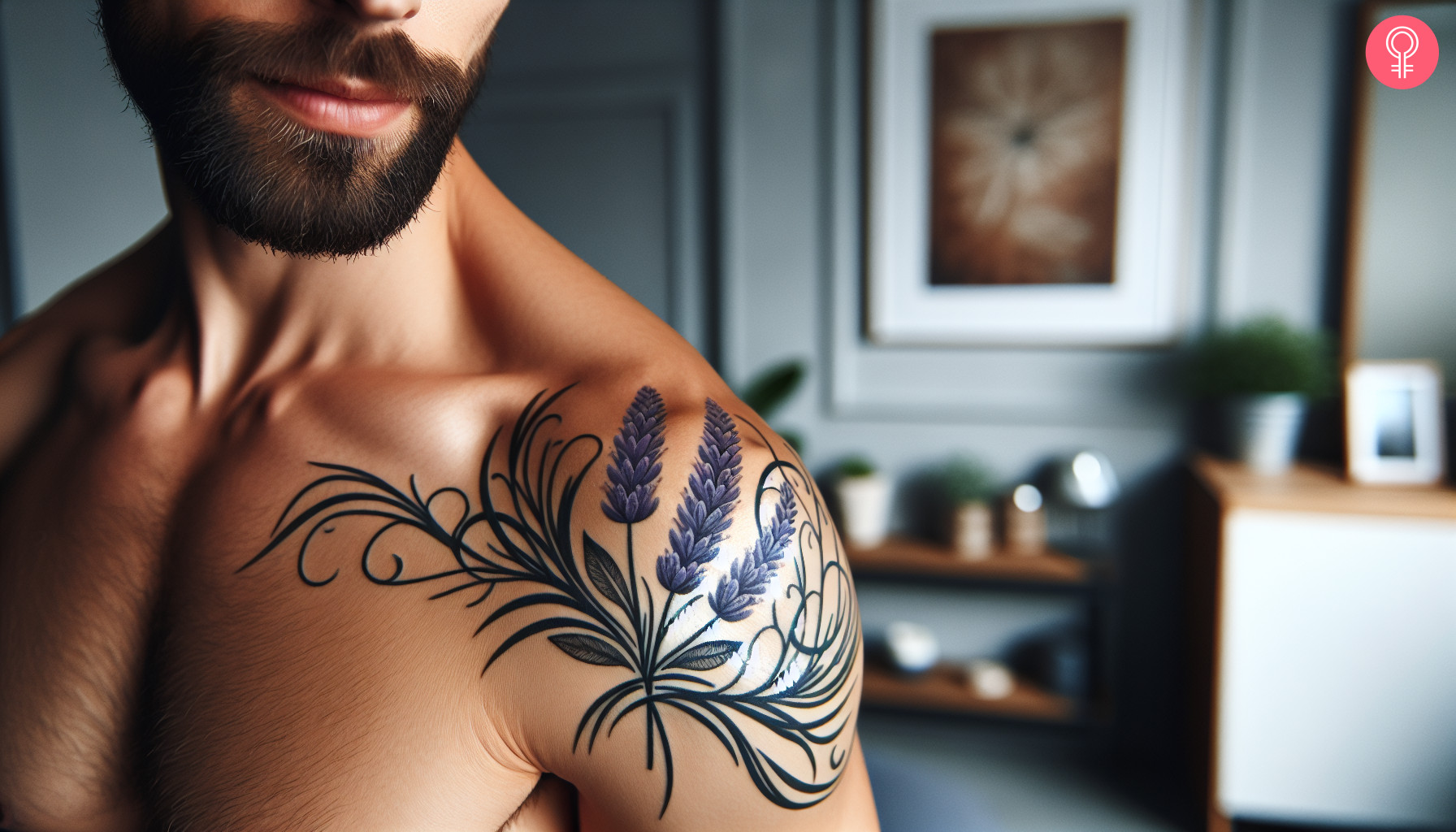 Purple flower tattoo on the shoulder of a man