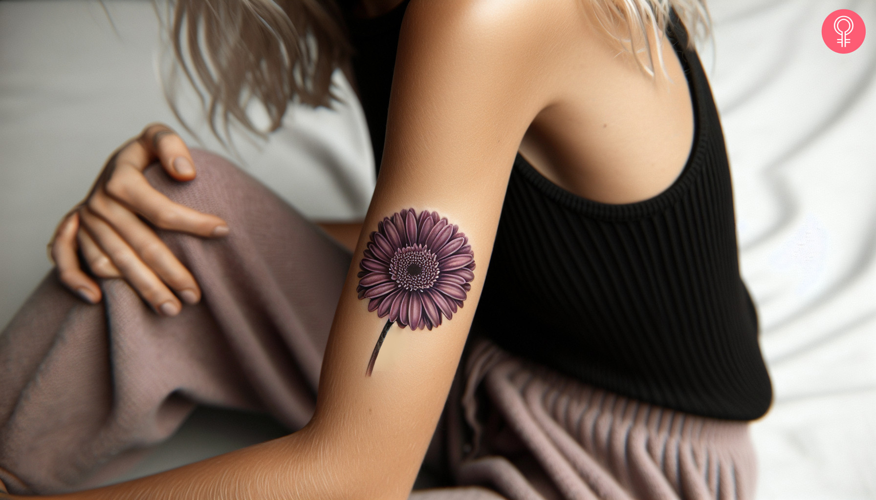 Purple gerbera daisy tattoo on the arm of a woman