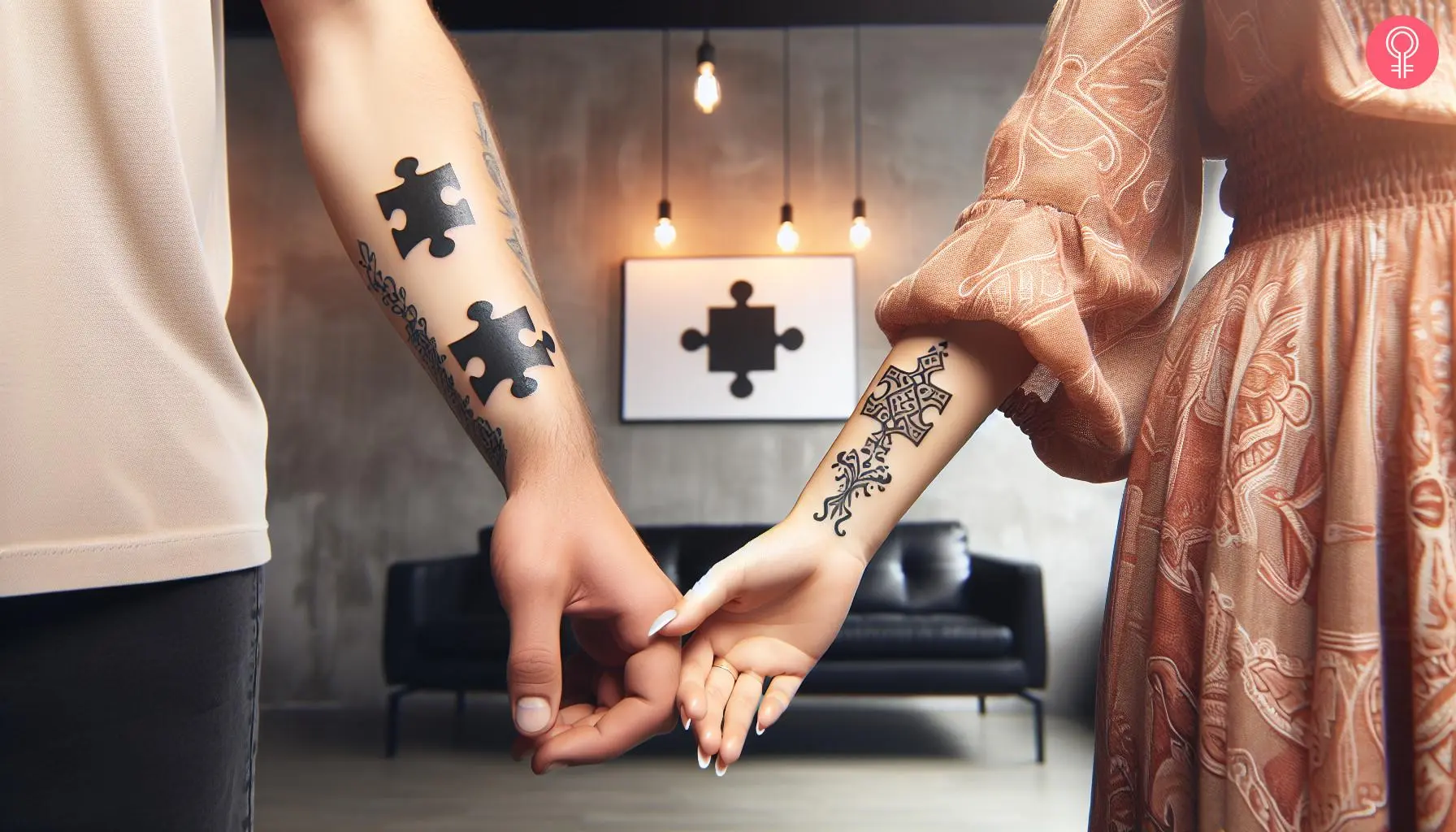 Bold black puzzle piece tattooed on him and an intricate piece on her