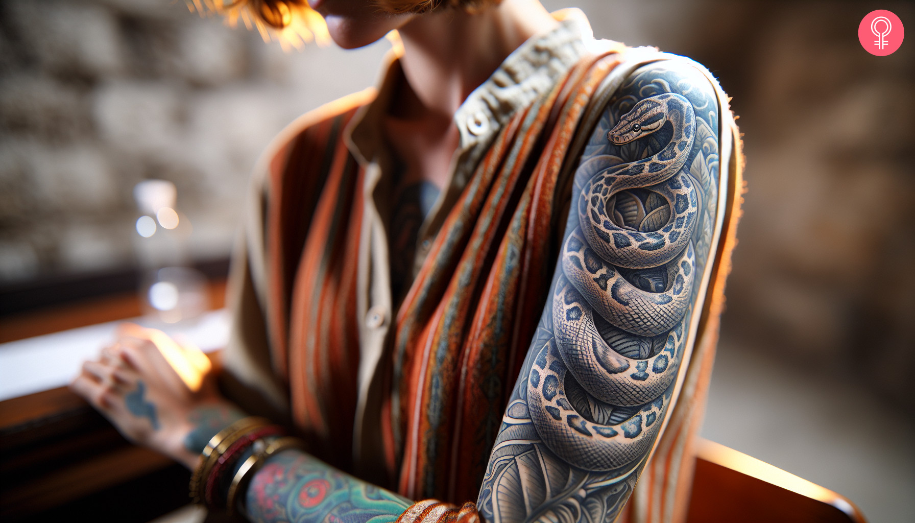 Python tattoo on the arm of a woman